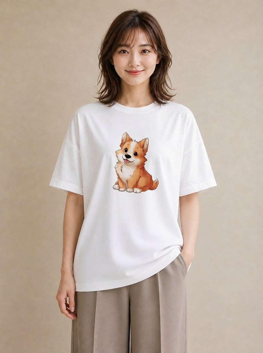 Tシャツ レディース ウェルシュコーギー コーギー 犬 いぬ イラスト シンプル デイリーウェア 休日 白T