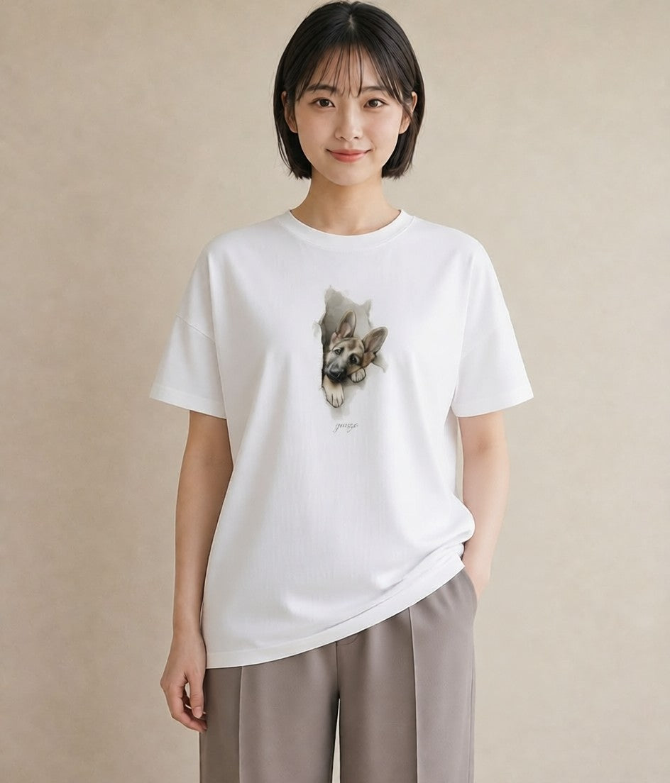 デザインTシャツ レディース ジャーマンシェパード 犬 いぬ イラスト ラフ 休日 ペアコーデ 白T