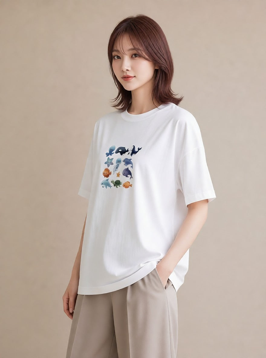 グラフィックTシャツ レディース イルカ 海の生き物 海 イラスト 北欧風 通勤 在宅 白T
