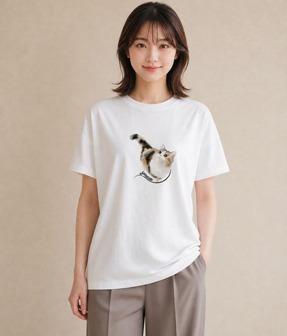 プリントTシャツ レディース シャム柄 猫 ねこ イラスト 淡色 カジュアルコーデ 買い物 白T