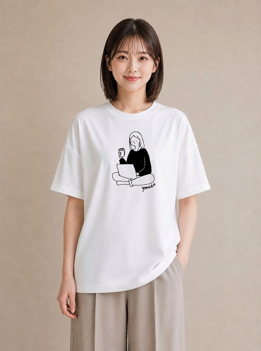 半袖Tシャツ レディース 本 読書 ブック イラスト カフェコーデ 休日 ペアコーデ 白T