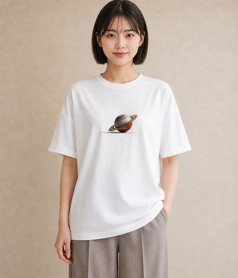 プリントTシャツ レディース 土星 星空 宇宙 イラスト 旅行コーデ ルームウェア ギフト 白T