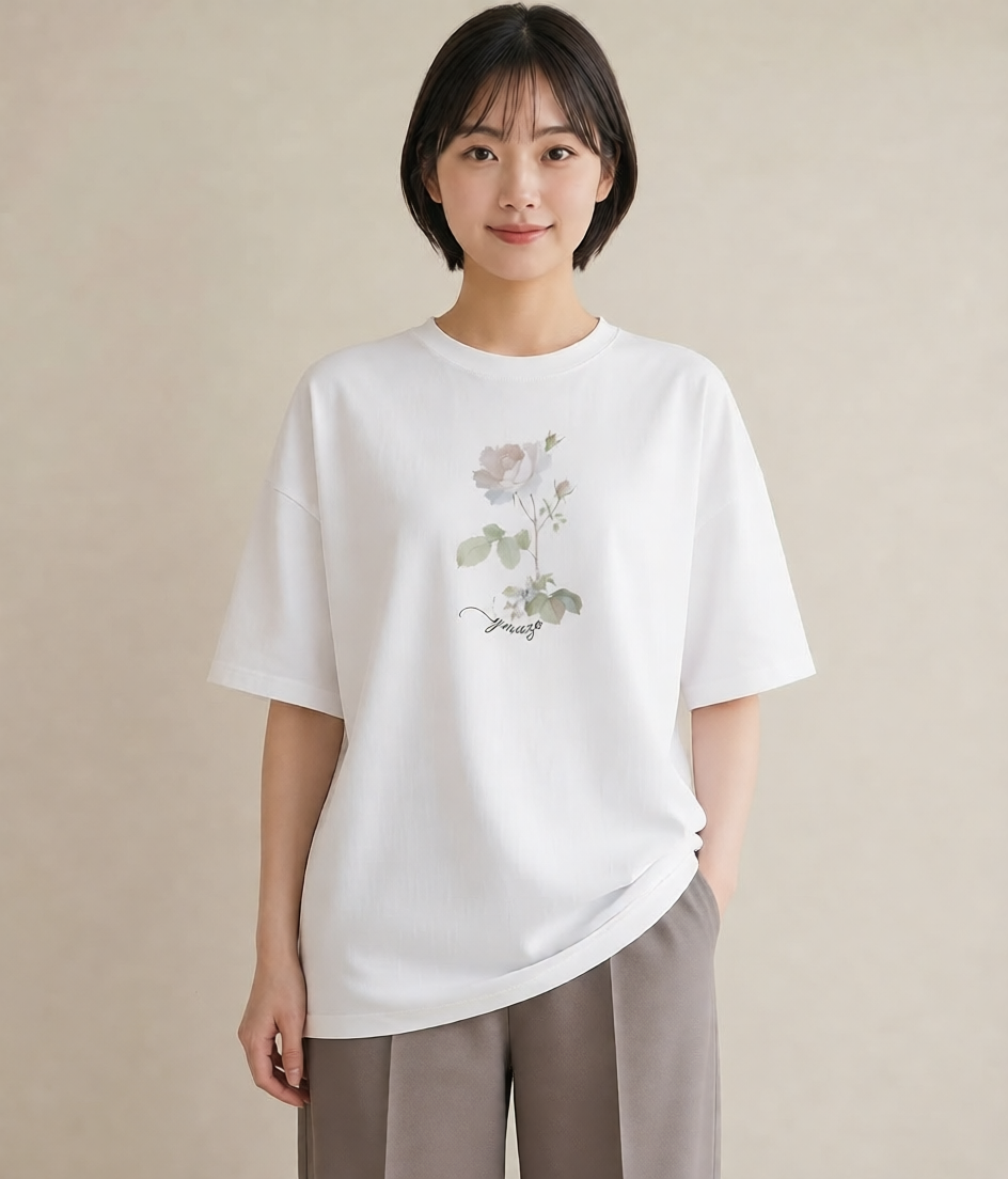 半袖Tシャツ レディース バラ 薔薇 ローズ 花 花柄 イラスト 可愛い デイリーウェア 休日 白T