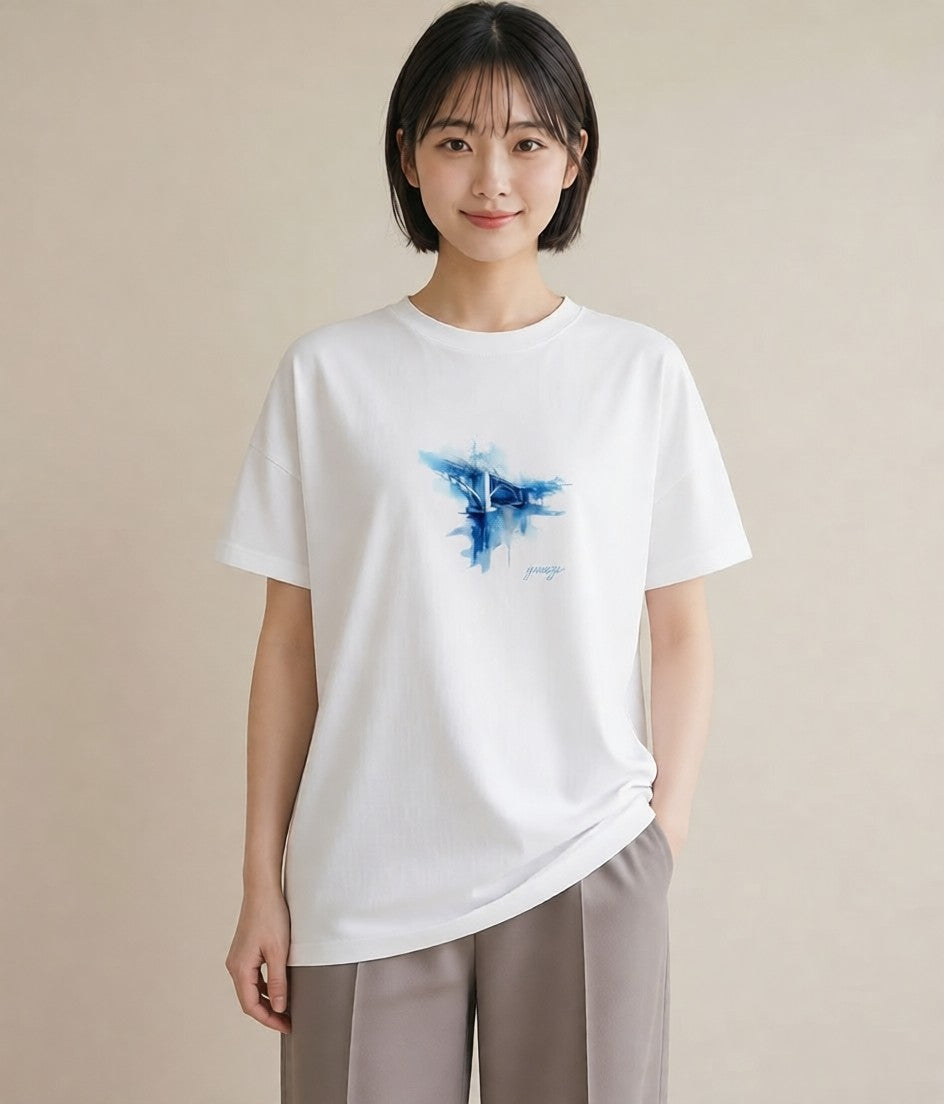 デザインTシャツ レディース 小川 橋 せせらぎ ナチュラル アンティーク イラスト 休日コーデ 女性 旅行用 白T