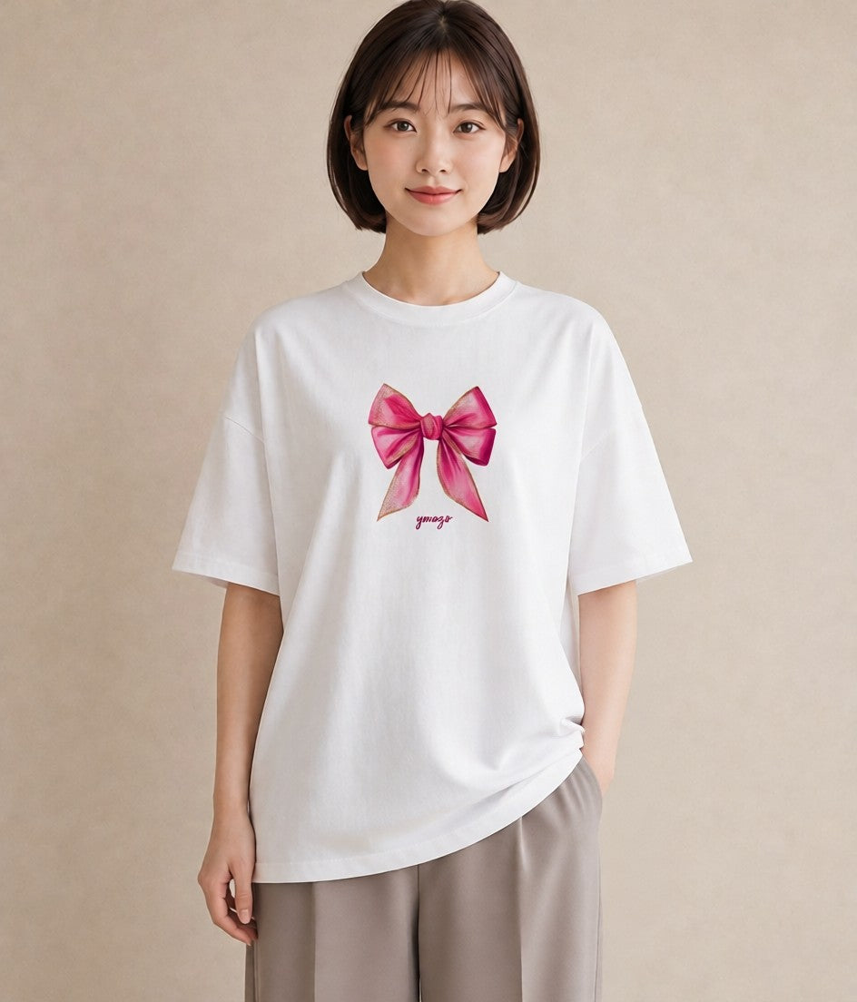 グラフィックTシャツ レディース リボン 蝶結び ナチュラル アンティーク イラスト 淡色 レイヤード 友達ギフト 白T