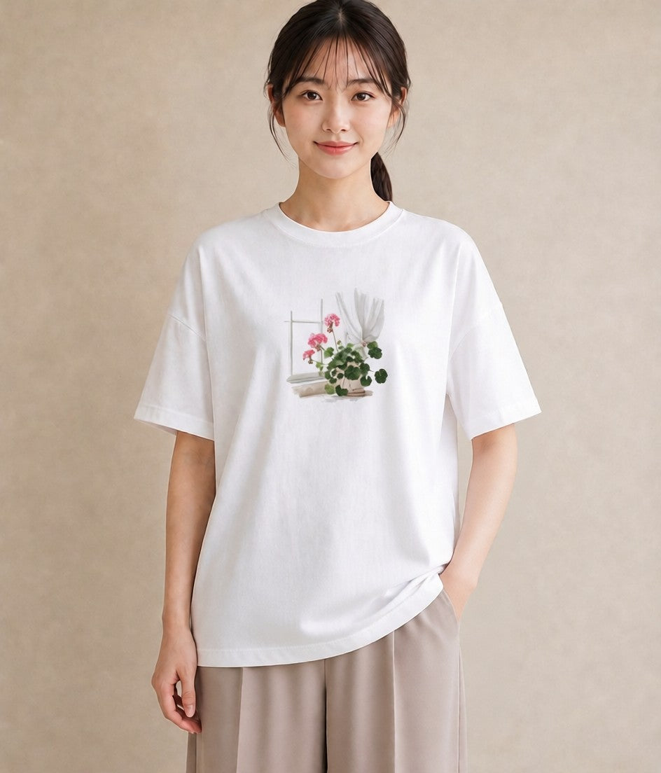 プリントTシャツ レディース 窓辺の雨 雨の日 窓 ナチュラル アンティーク イラスト 通勤 在宅 白T