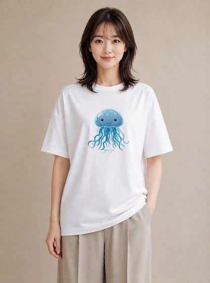 プリントTシャツ レディース くらげ クラゲ 海の生き物 海 イラスト ゆるコーデ 公園 ママ 白T