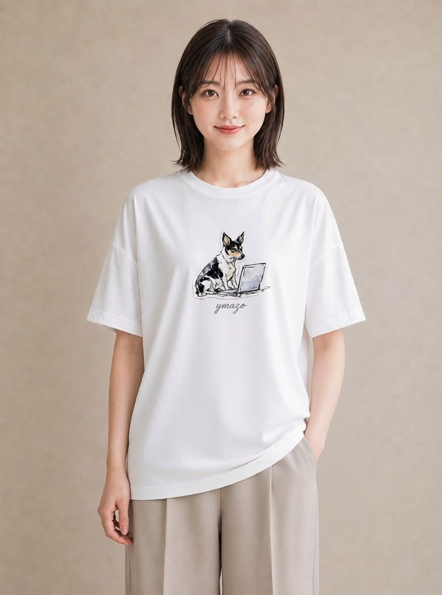 デザインTシャツ レディース 犬 いぬ イラスト シック 送別ギフト 通勤 白T