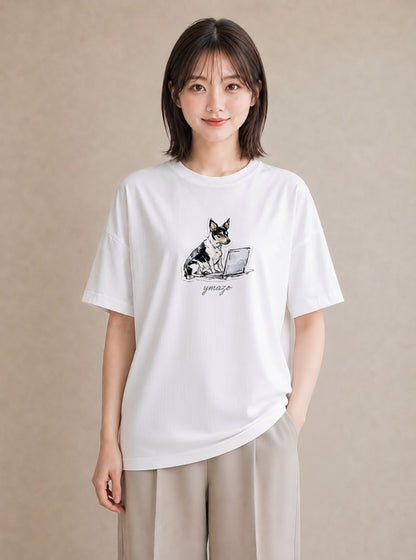 デザインTシャツ レディース 犬 いぬ イラスト シック 送別ギフト 通勤 白T
