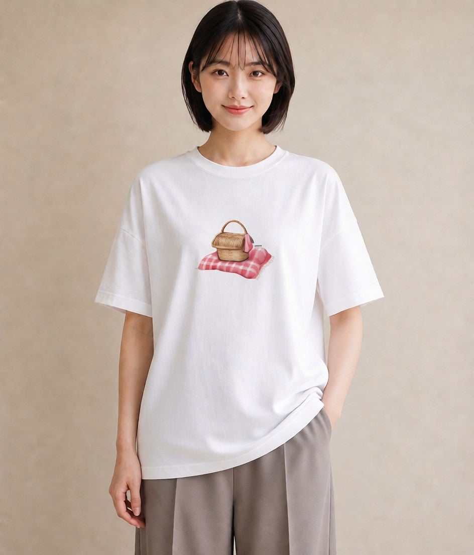 プリントTシャツ レディース 自転車のかご 自転車 花かご ナチュラル アンティーク イラスト ラフ 休日 ペアコーデ 白T