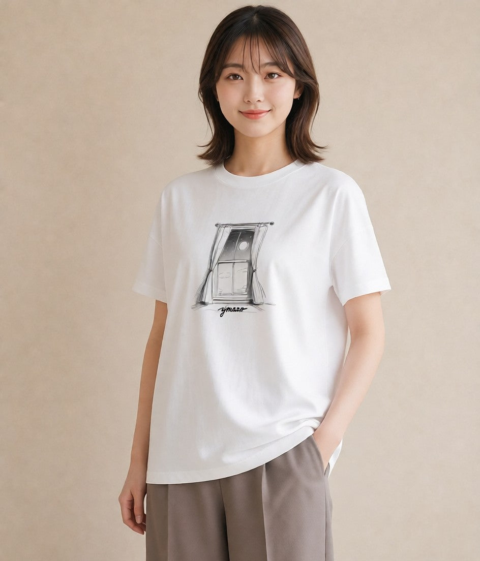 プリントTシャツ レディース 窓辺の雨 雨の日 窓 ナチュラル アンティーク イラスト ゆるコーデ 母娘コーデ 自分用 白T