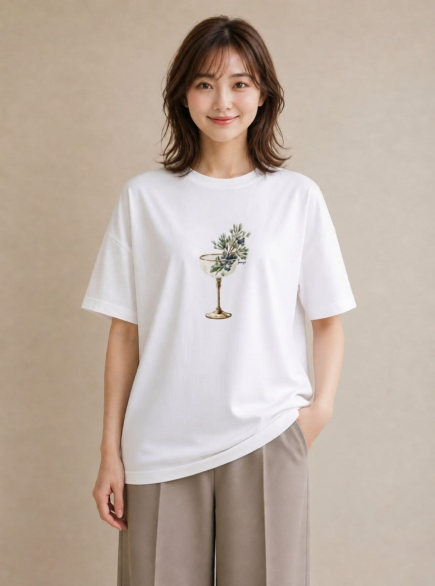 グラフィックTシャツ レディース ガラス瓶 小枝 ボタニカル ナチュラル アンティーク イラスト お洒落 自分用 ルームウェア 白T