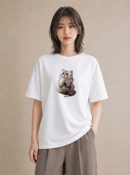 半袖Tシャツ レディース おすわり猫 猫 ねこ イラスト 手描き風 レイヤード 友達ギフト 白T