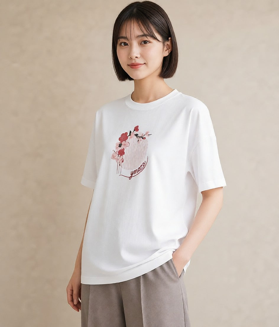 半袖Tシャツ レディース 扇子 そよ風 ナチュラル アンティーク イラスト シック 在宅 公園 白T