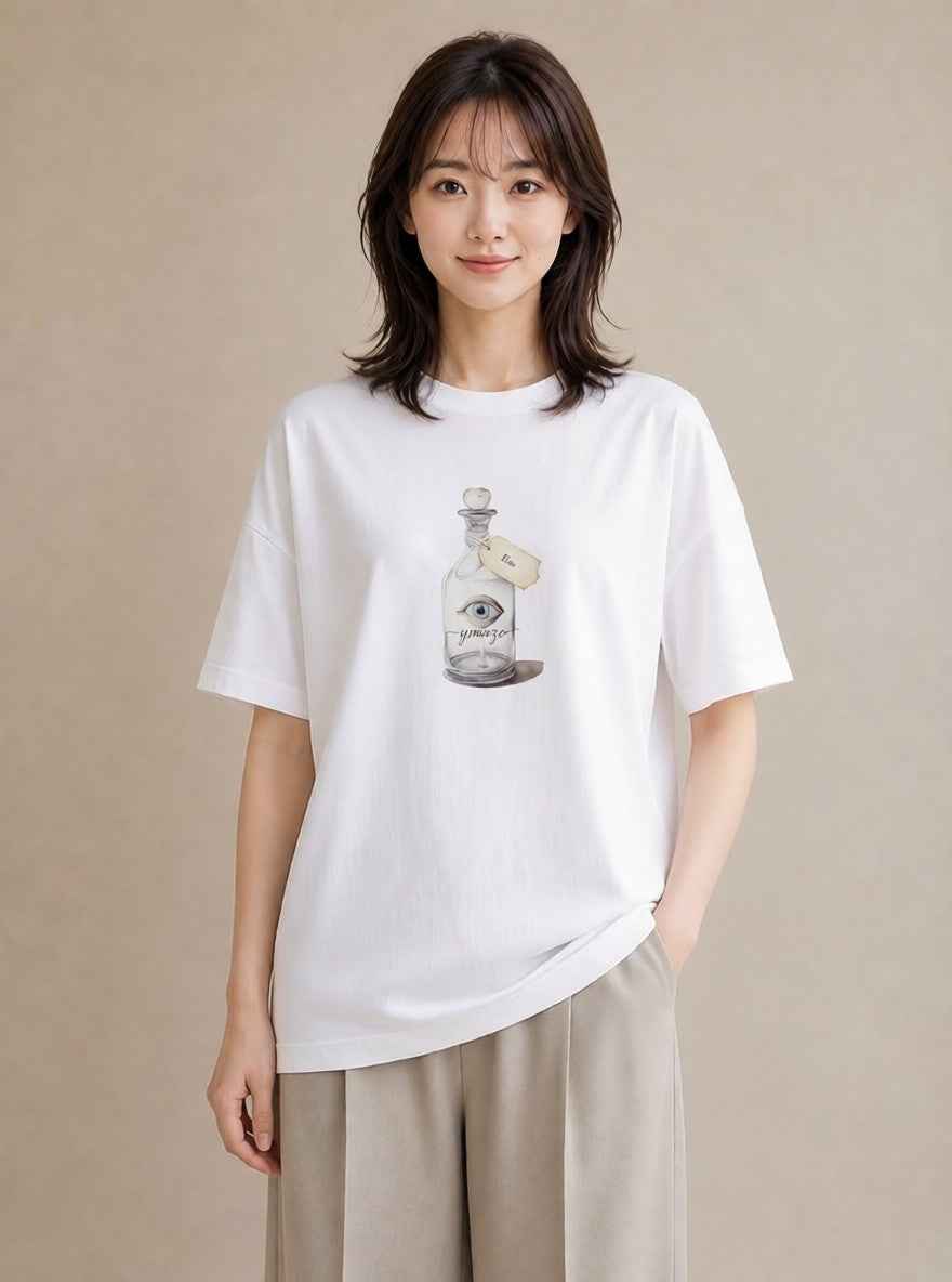Tシャツ レディース ガラス瓶 小枝 ボタニカル ナチュラル アンティーク イラスト カジュアル 自分用 ルームウェア 白T