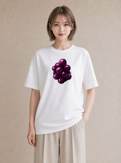 グラフィックTシャツ レディース ぶどう 葡萄 食べ物 フード イラスト 水彩風 友達ギフト 部屋着 白T