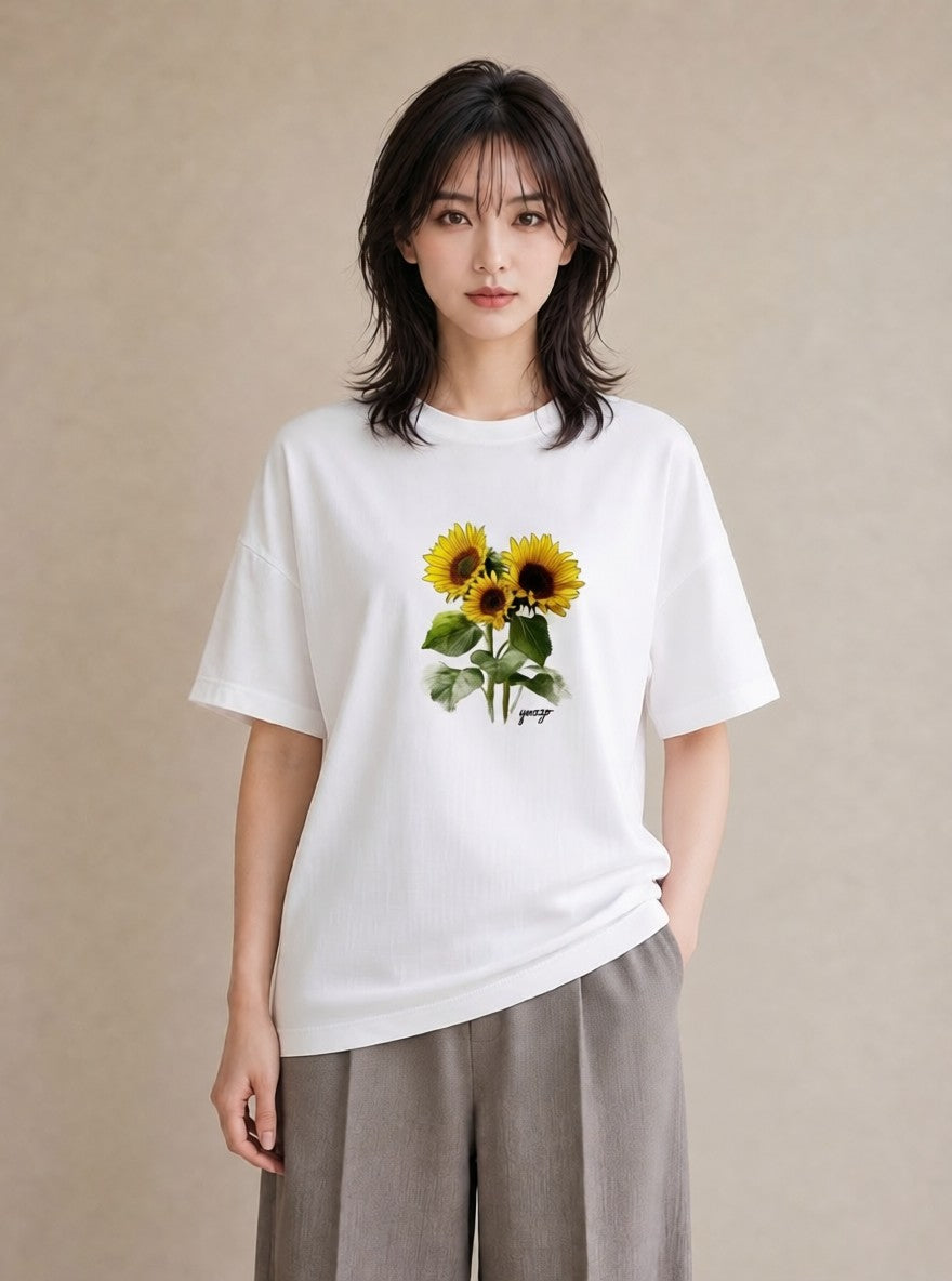 グラフィックTシャツ レディース ひまわり 向日葵 花 花柄 イラスト 手描き風 通学 誕生日プレゼント 白T