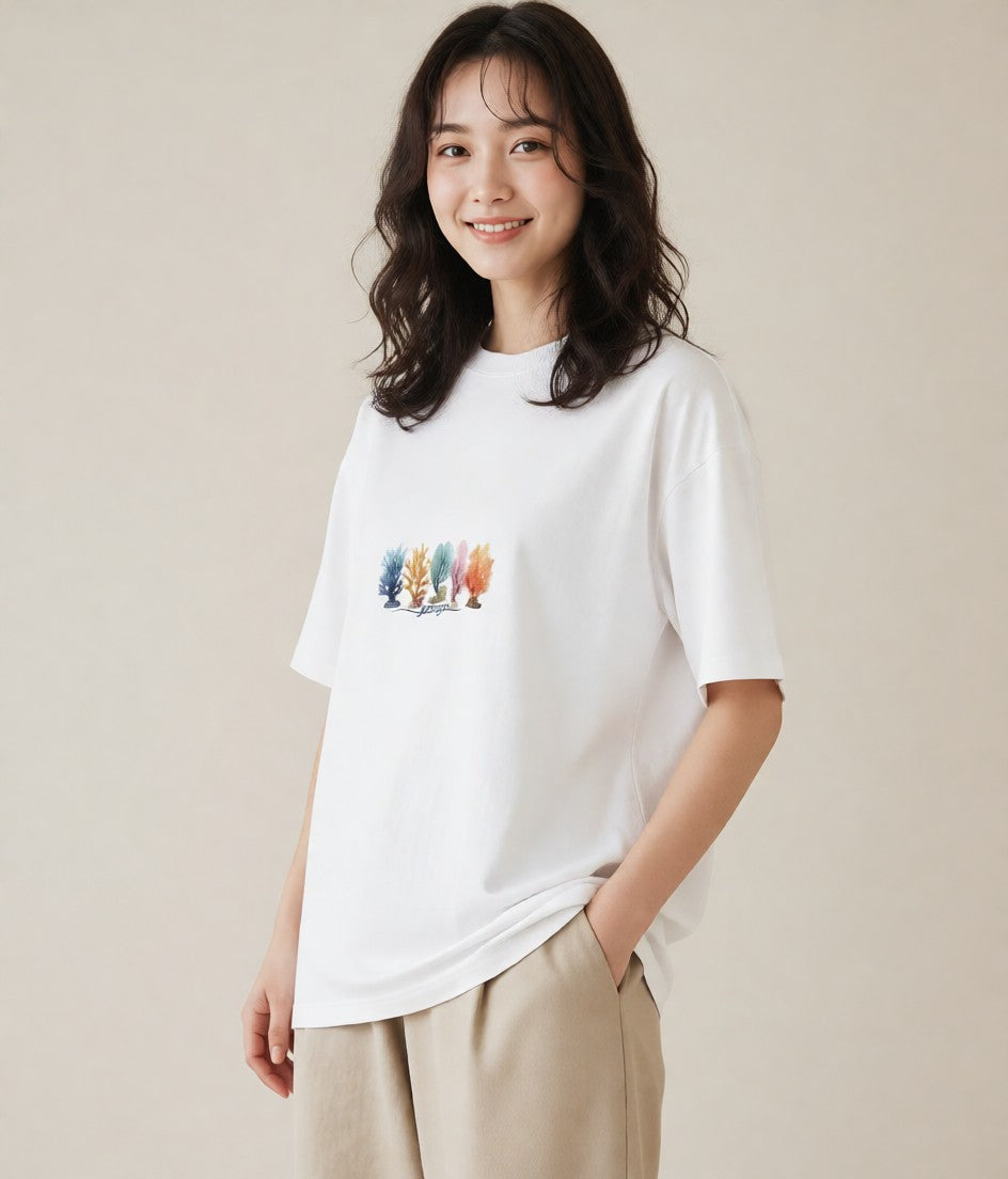 プリントTシャツ レディース サンゴ 海の生き物 海 イラスト ボタニカル ミセス 春コーデ 白T