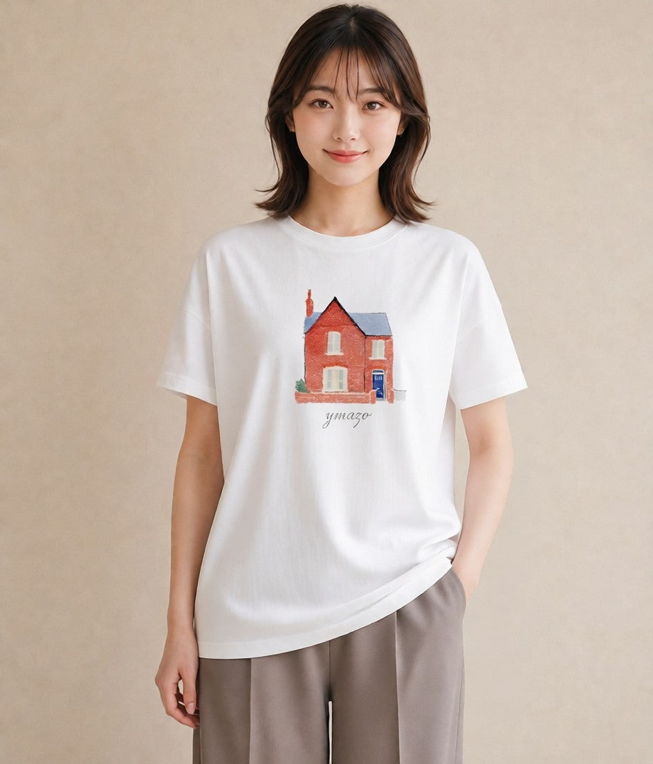 半袖Tシャツ レディース 湖畔の小屋 湖 小屋 ナチュラル アンティーク イラスト ユニーク 母の日 ビーチ 白T