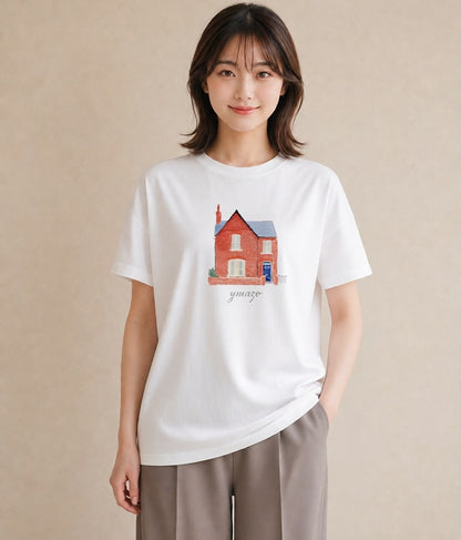 半袖Tシャツ レディース 湖畔の小屋 湖 小屋 ナチュラル アンティーク イラスト ユニーク 母の日 ビーチ 白T