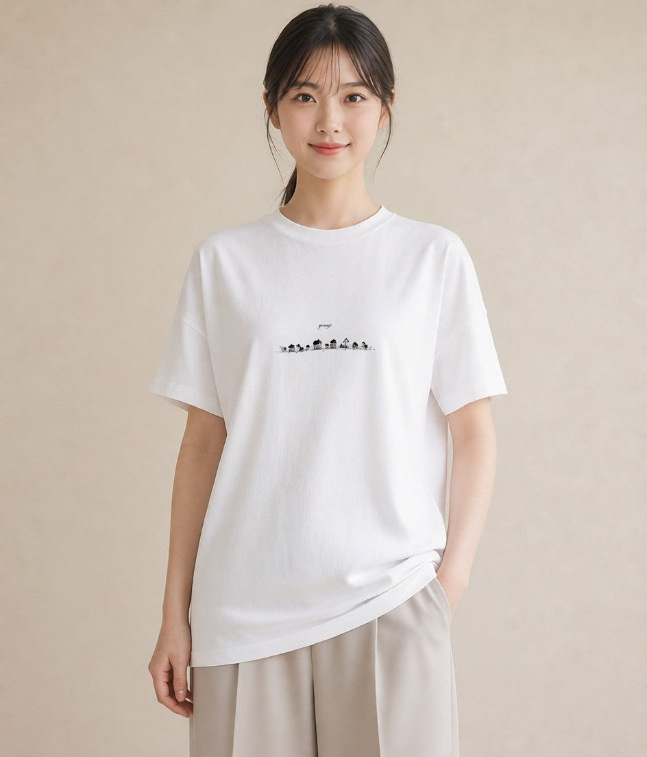 グラフィックTシャツ レディース 遠い家と鳥 風景 鳥 ナチュラル アンティーク イラスト ラフカジュアル 綿100 デート 白T