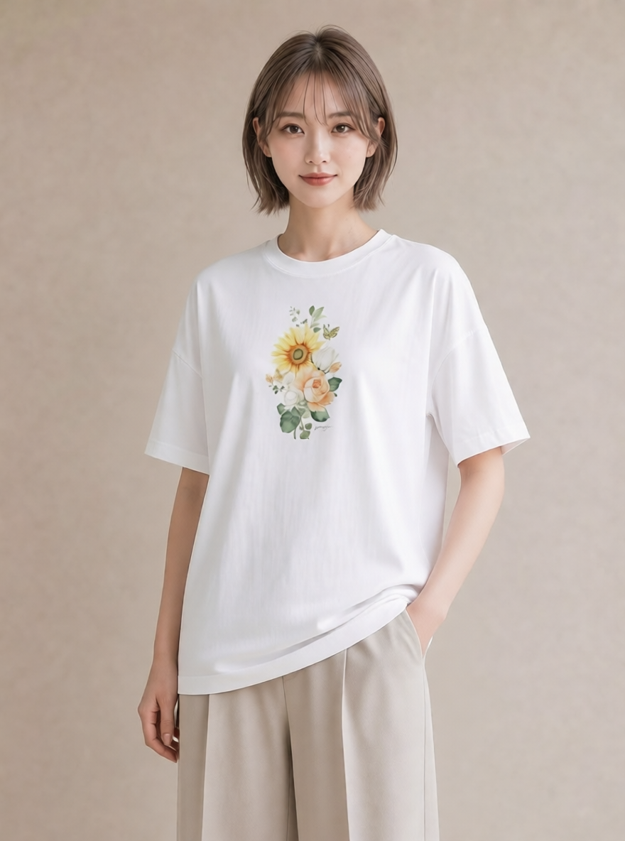 半袖Tシャツ レディース ひまわり 向日葵 花 花柄 イラスト 旅行コーデ クリスマス 旅行 白T