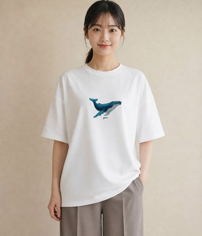 デザインTシャツ レディース クジラ 海の生き物 海 イラスト 淡色 ミセス 春コーデ 白T