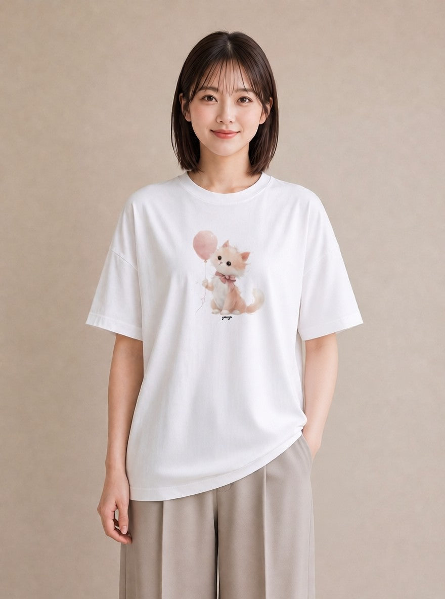 半袖Tシャツ レディース 子猫 猫 ねこ イラスト こなれ感 おしゃれギフト 社会人 白T