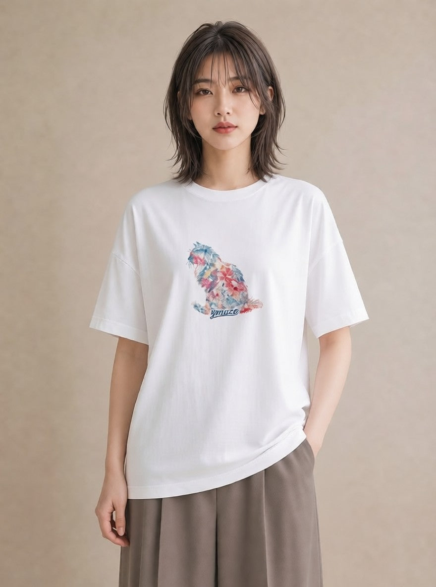 プリントTシャツ レディース シャム柄 猫 ねこ イラスト こなれ感 通勤 在宅 白T