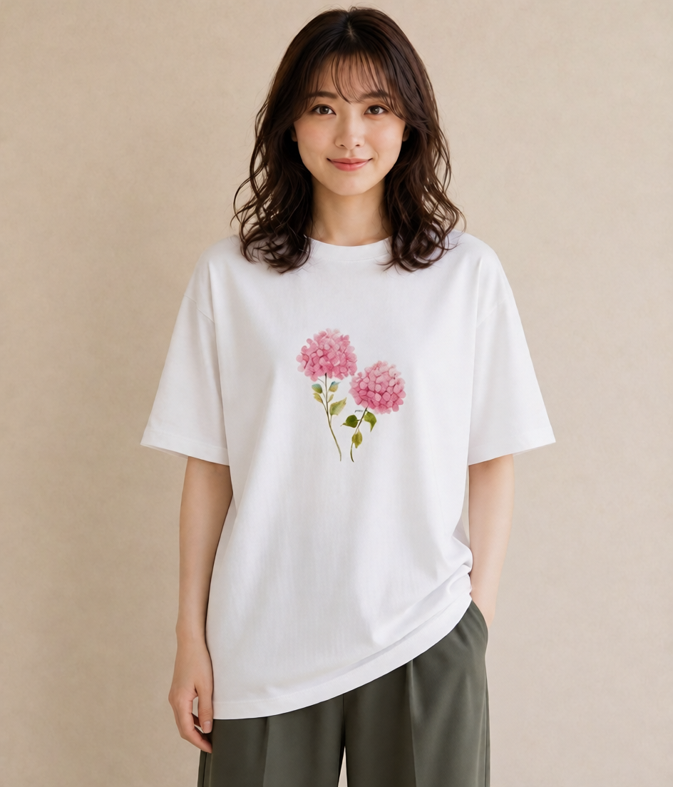 半袖Tシャツ レディース あじさい 紫陽花 アジサイ 花 花柄 イラスト アート風 ルームウェア ギフト 白T
