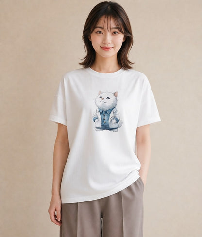 デザインTシャツ レディース アメリカンショートヘア 猫 ねこ イラスト 韓国風 綿100 デート 白T