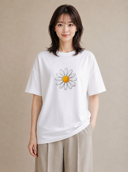 グラフィックTシャツ レディース マーガレット 花 花柄 イラスト 淡色 ラフ レイヤード 白T