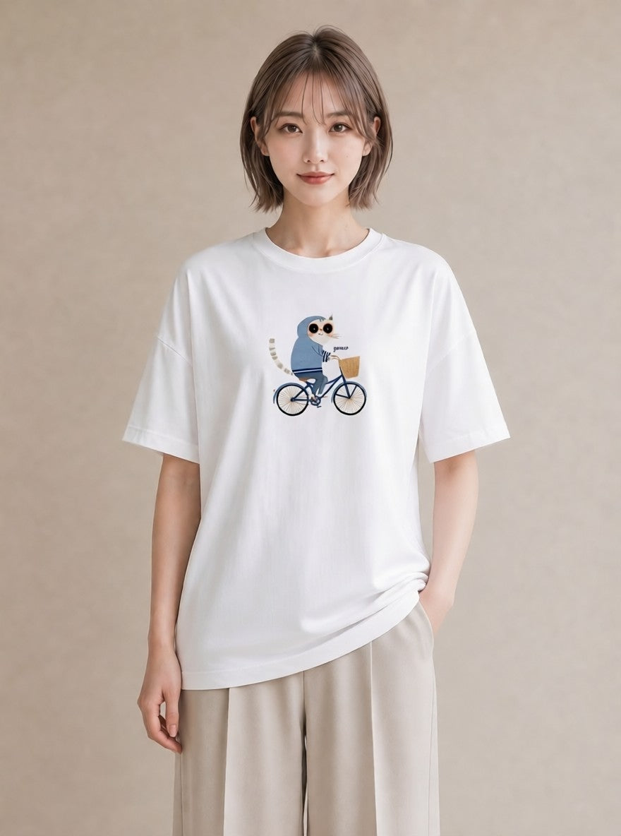 グラフィックTシャツ レディース 自転車のかご 自転車 花かご ナチュラル アンティーク イラスト ヴィンテージ風 送別ギフト 通勤 白T