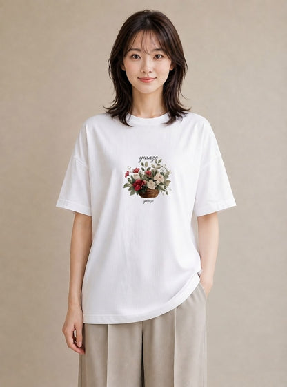 半袖Tシャツ レディース 自転車のかご 自転車 花かご ナチュラル アンティーク イラスト 抜け感 母娘コーデ 自分用 白T