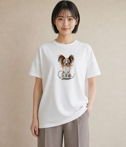 半袖Tシャツ レディース パピヨン 犬 いぬ イラスト アート風 20代 カジュアルコーデ 白T