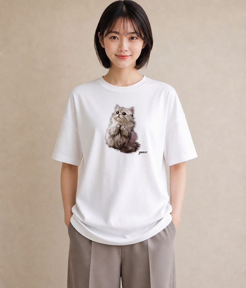 半袖Tシャツ レディース スコティッシュフォールド 猫 ねこ イラスト きれいめ カフェ服 クリスマス 白T