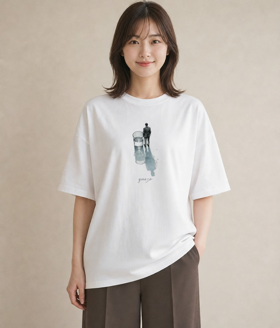 半袖Tシャツ レディース 傘 水たまり 雨 ナチュラル アンティーク イラスト 手描き風 ラフ レイヤード 白T