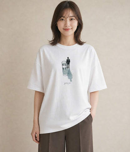 半袖Tシャツ レディース 傘 水たまり 雨 ナチュラル アンティーク イラスト 手描き風 ラフ レイヤード 白T