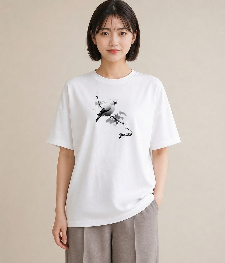 グラフィックTシャツ レディース 遠い家と鳥 風景 鳥 ナチュラル アンティーク イラスト アート風 旅行 母娘コーデ 白T