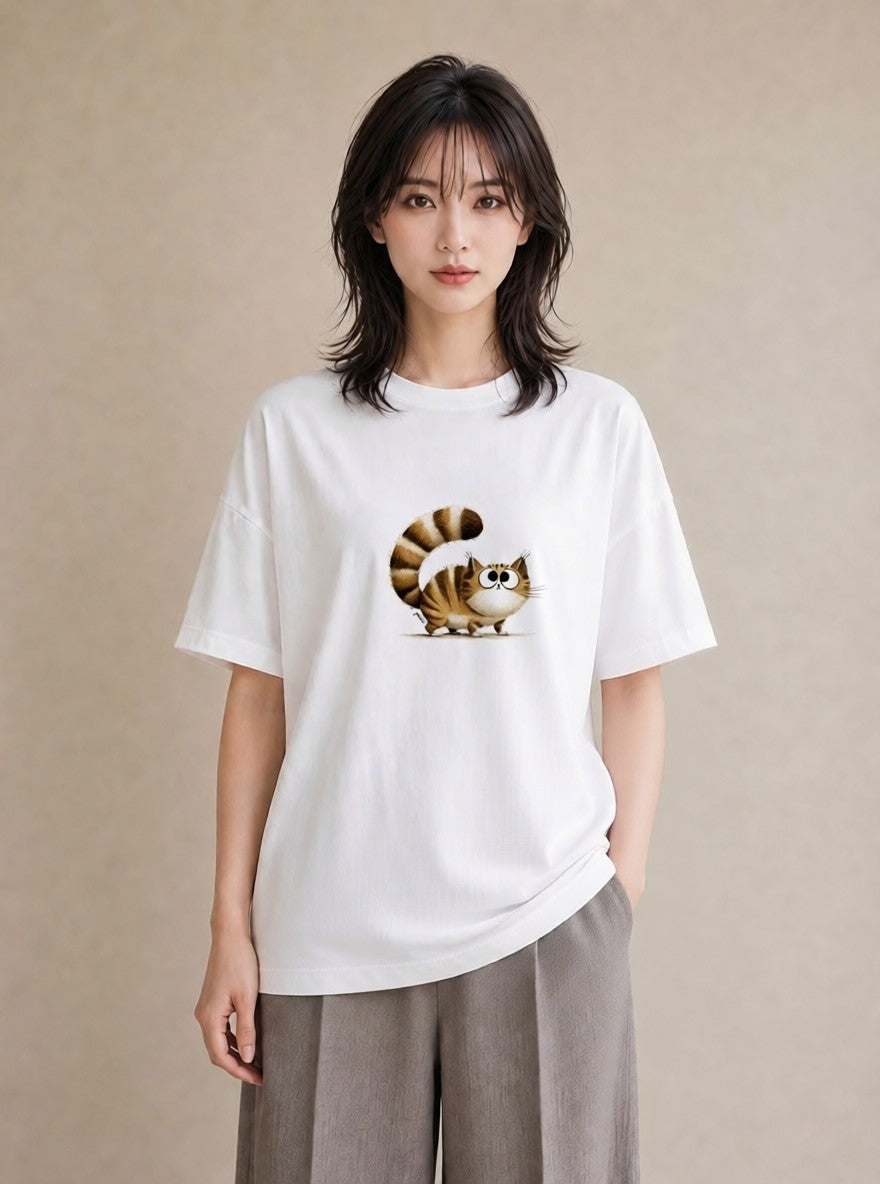 半袖Tシャツ レディース キジトラ 猫 ねこ イラスト ヴィンテージ風 海 カフェ巡り 白T