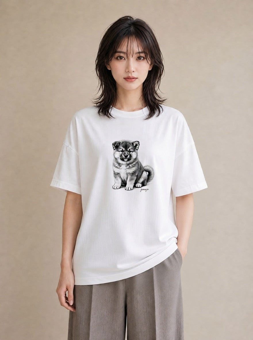 半袖Tシャツ レディース 秋田犬 犬 いぬ イラスト 抜け感 カジュアルコーデ 買い物 白T