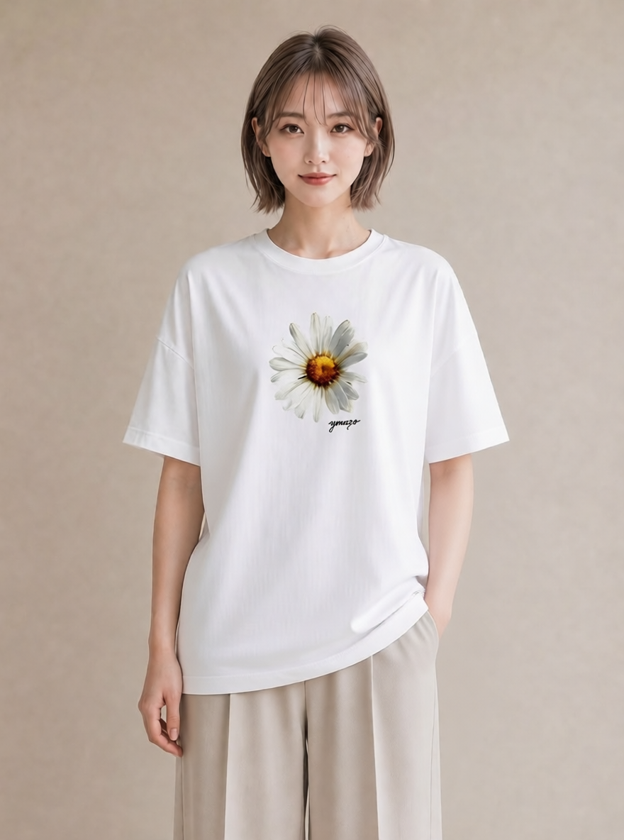 デザインTシャツ レディース マーガレット 花 花柄 イラスト フェミニン 夏コーデ 通学 白T