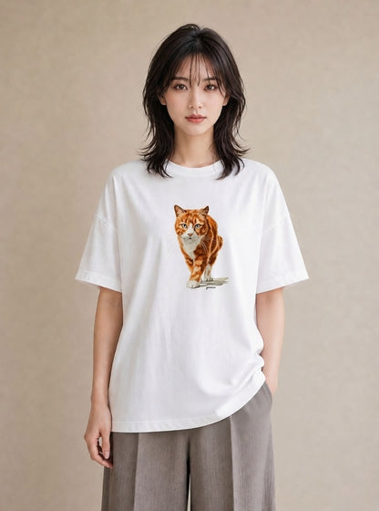 デザインTシャツ レディース 茶トラ 茶猫 猫 ねこ イラスト カフェコーデ 社会人 女性 白T