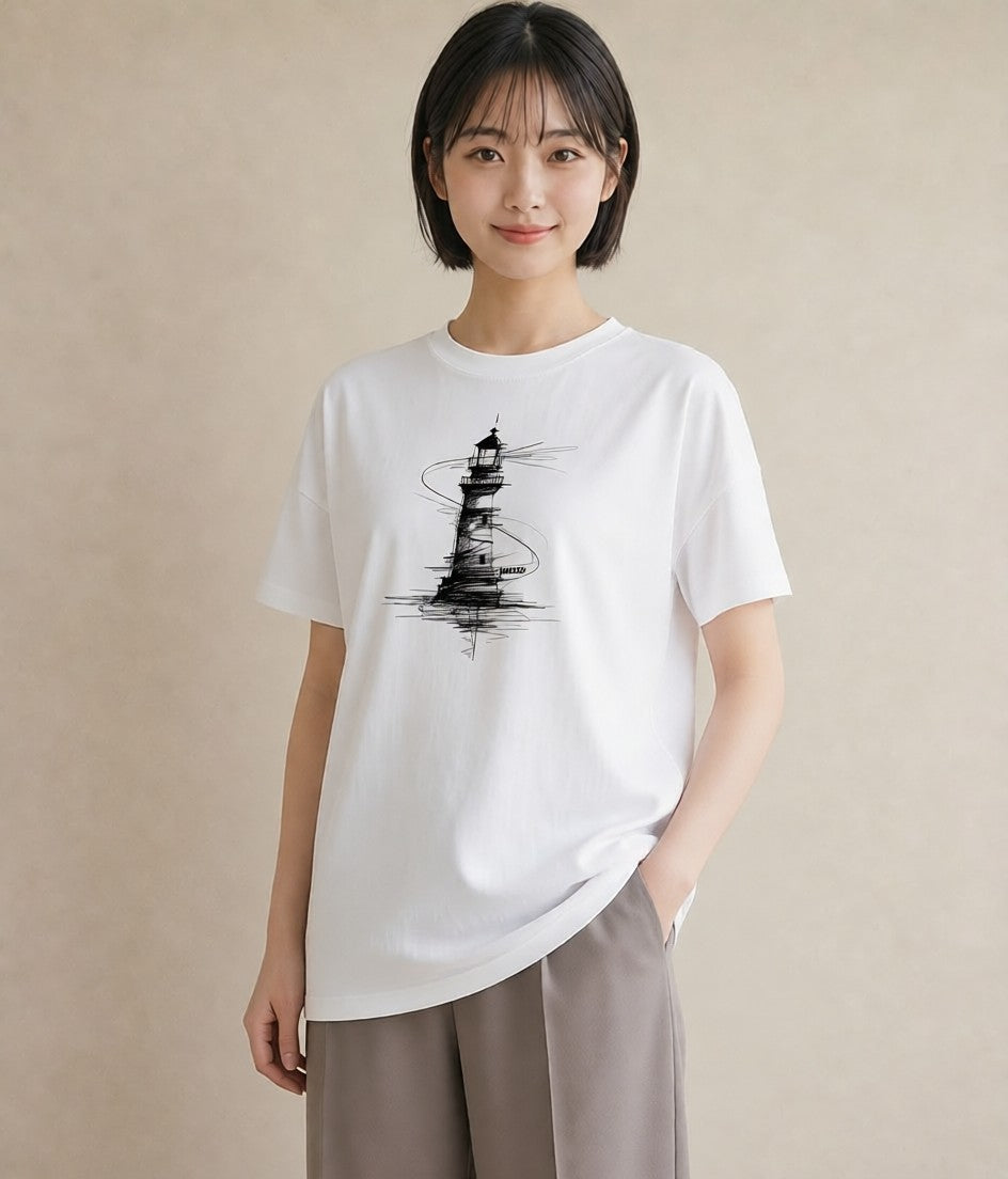 デザインTシャツ レディース 灯台 霧 海 ナチュラル アンティーク イラスト 上品 夏コーデ 通学 白T