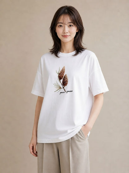 デザインTシャツ レディース どんぐり 植物 ボタニカル イラスト レトロ お出かけ 普段着 白T