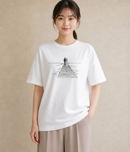 プリントTシャツ レディース 桟橋 水辺 波止場 ナチュラル アンティーク イラスト 線画 レイヤード 友達ギフト 白T