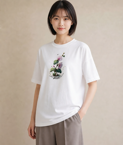 Tシャツ レディース クローバー 四つ葉 花 花柄 イラスト ラフカジュアル 社会人 女性 白T