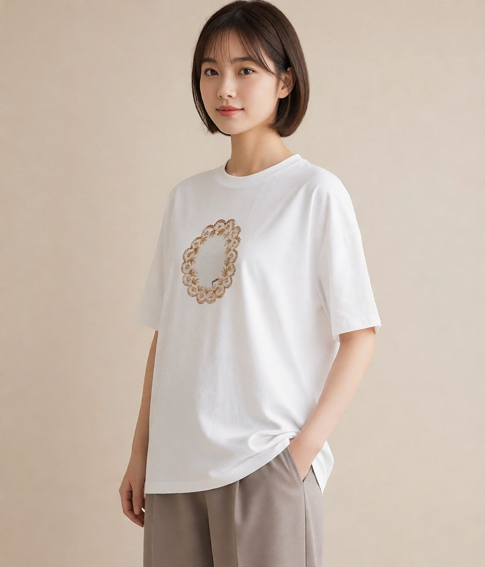 半袖Tシャツ レディース レースハンカチ レース ハンカチ ナチュラル アンティーク イラスト ユニーク ペアコーデ 秋コーデ 白T