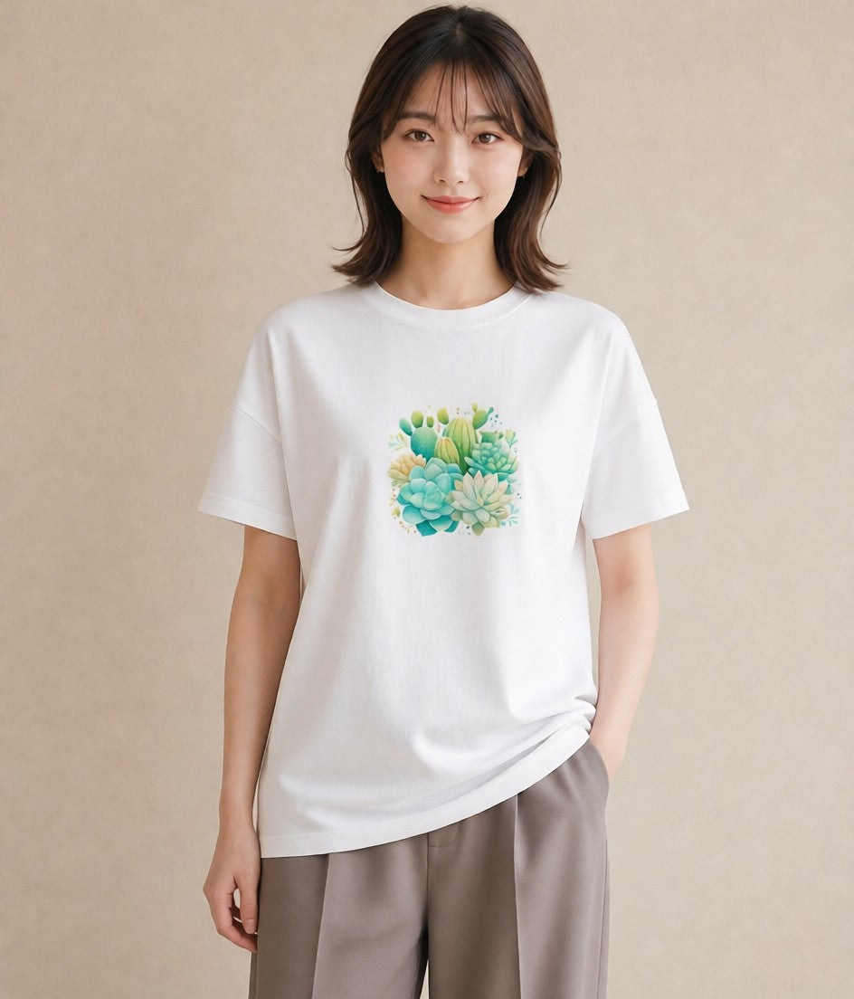 グラフィックTシャツ レディース サボテン 植物 ボタニカル イラスト ゆるかわ ビーチ デイリーウェア 白T