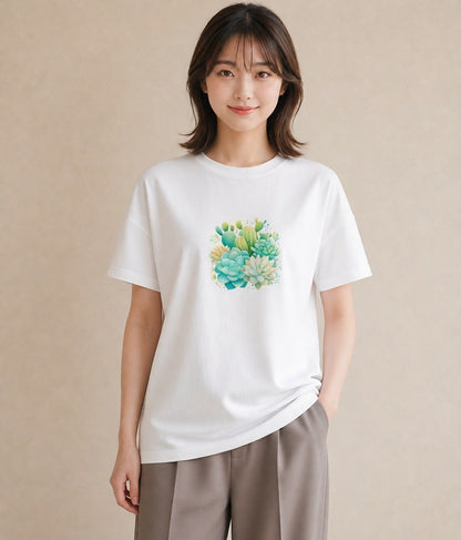 グラフィックTシャツ レディース サボテン 植物 ボタニカル イラスト ゆるかわ ビーチ デイリーウェア 白T